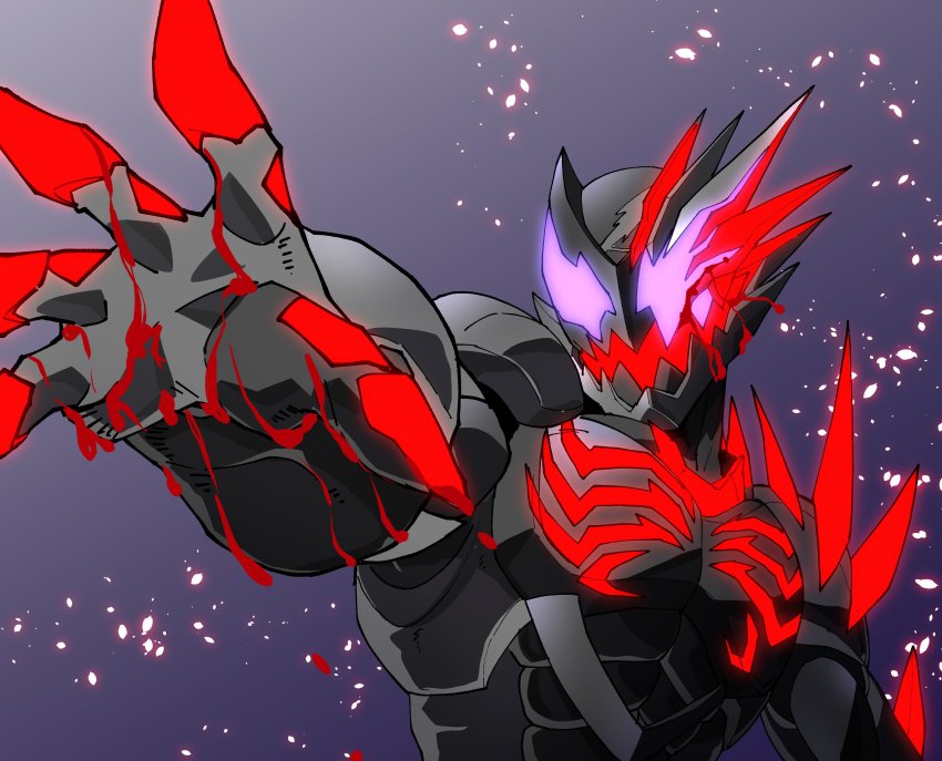 1boy absurdres amakawa_mayu armor asymmetrical_armor black_armor blood blood_on_hands crimson_vail demon demon_boy glowing glowing_armor glowing_eyes highres kamen_rider kamen_rider_revice kamen_rider_vail open_mouth outstretched_arms purple_eyes sharp_teeth splatter teeth upper_body zombie_pose