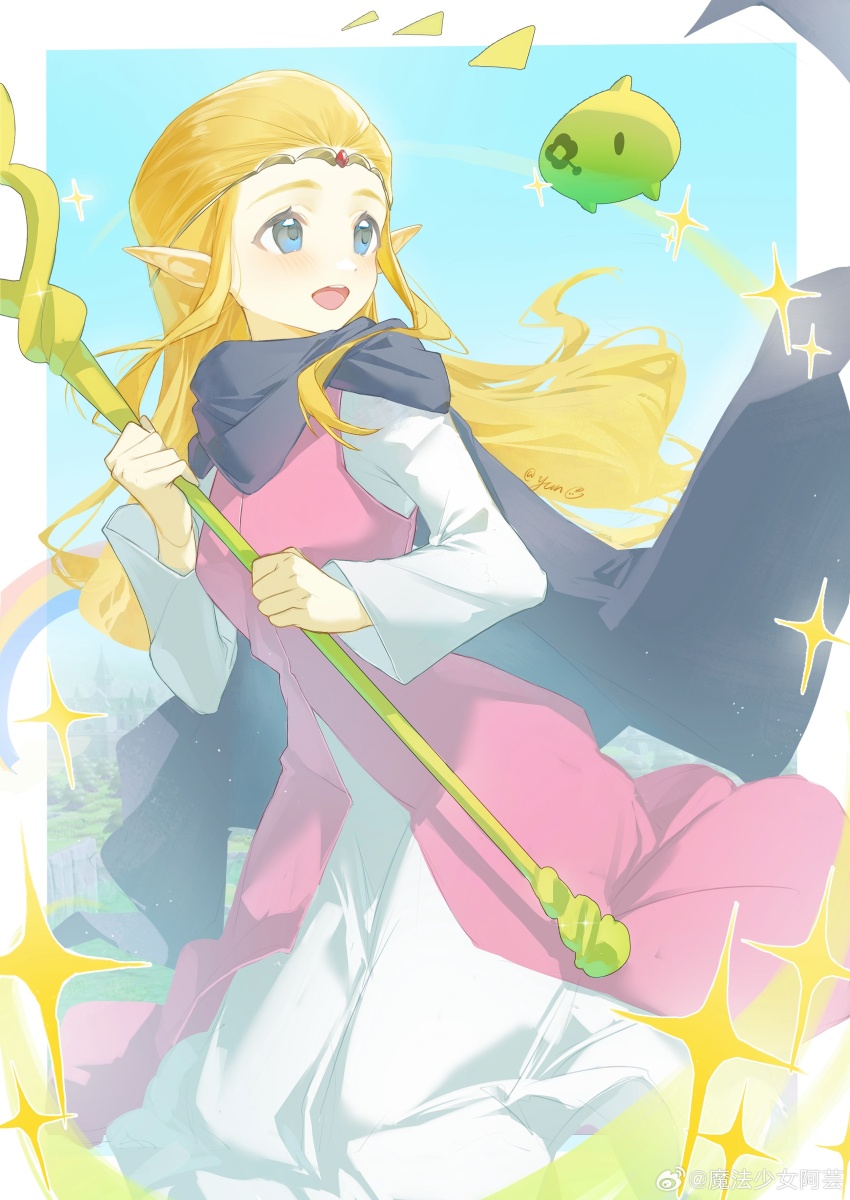1girl absurdres black_cloak blonde_hair blue_background blue_eyes blush border chinese_commentary cloak commentary_request dress feet_out_of_frame highres holding holding_staff layered_dress long_hair looking_at_another nintendo open_mouth outside_border pointy_ears princess_zelda sidelocks smile solo sparkle staff the_legend_of_zelda the_legend_of_zelda:_echoes_of_wisdom tri_(zelda) tri_rod white_border white_dress yun_(dl2n5c7kbh8ihcx)