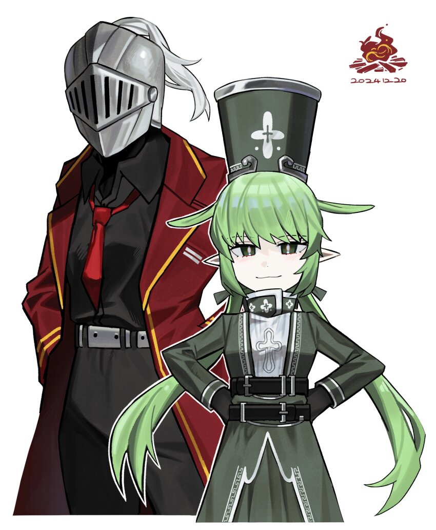 1boy 1girl antenna_hair asdf1211950 black_shirt black_souls breasts charon_(project_moon) charon_(project_moon)_(cosplay) closed_mouth collared_shirt cosplay dante_(limbus_company) dante_(limbus_company)_(cosplay) dress green_eyes green_hair grey_dress grey_hat grimm_(black_souls) hands_on_own_hips hat highres leaf_(black_souls) limbus_company low_twintails medium_breasts pointy_ears project_moon shako_cap shirt simple_background smile twintails white_background