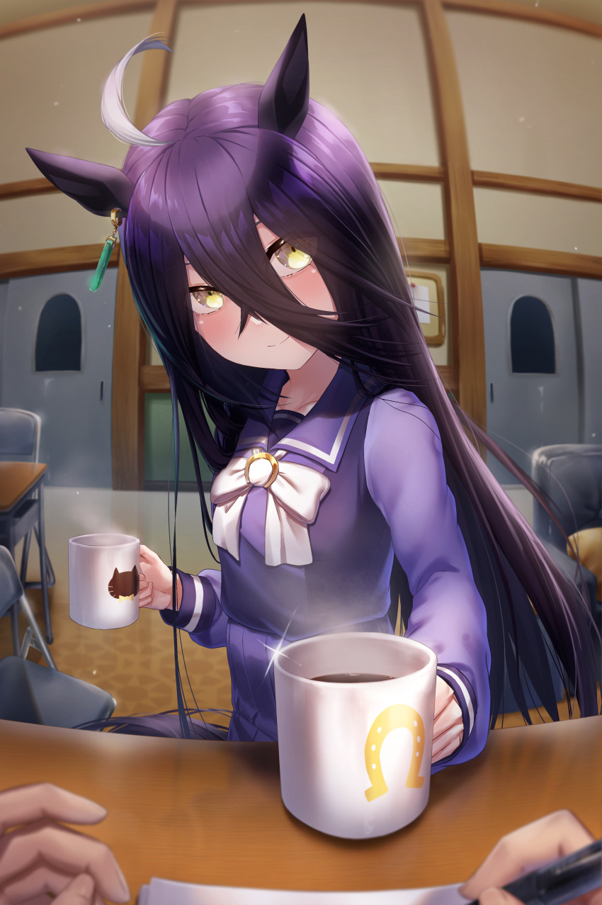 1boy 1girl absurdres ahoge animal_ears black_hair bow chair closed_mouth coffee coffee_mug cup drink folding_chair highres holding holding_cup horse_ears horse_girl indoors looking_at_viewer manhattan_cafe_(umamusume) mug multicolored_hair pen pov purple_shirt reo-illust4696 school_uniform shirt smile steam table tracen_school_uniform trainer_(umamusume) two-tone_hair umamusume white_bow white_hair yellow_eyes