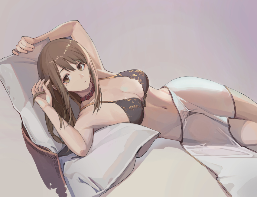 1girl absurdres arm_behind_head arms_up bad_id bad_pixiv_id black_bra bra breasts brown_eyes brown_hair cleavage collar commission cowboy_shot grey_background hand_in_own_hair highres kuweichuanxin_jr long_hair looking_at_viewer medium_breasts mole mole_under_eye nakazawa_kaori_(moriya_naoki) navel original parody parted_lips pillow reclining red_collar solo titanic_(movie) underwear