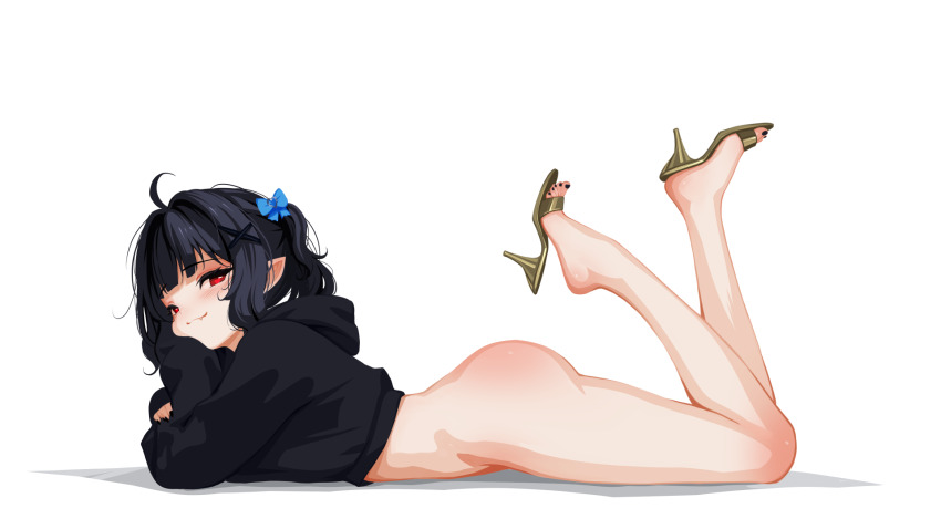 1girl ahoge ass black_hair black_nails blue_bow blush body_blush bottomless bow chin_reast fang feet gold_shoes hair_bow hair_ornament heart heart-shaped_pupils high_heels highres indie_virtual_youtuber legs long_sleeves looking_at_viewer lying midriff mint_fantome on_stomach pointy_ears red_eyes sansha_art shoes sidelocks simple_background solo sweater symbol-shaped_pupils thighs toes two_side_up virtual_youtuber white_background x_hair_ornament