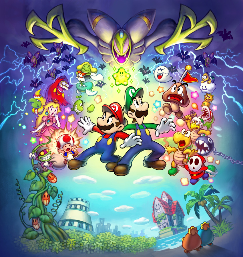 3girls 6+boys absurdres beanie_(mario) beanstar blonde_hair blue_overalls boo_(mario) boots brothers brown_footwear brown_hair building cackletta cape captain_goomba chain_chomp closed_eyes coke-bottle_glasses colored_skin crown dress earrings facial_hair fangs fawful fire flag glasses goomba green_headwear green_shell_(mario) green_shirt green_skin grin hammer hammer_bro hand_to_own_mouth hat highres holding holding_hammer jewelry koopa_troopa lady_lima lakitu lightning long_hair long_sleeves looking_at_another luigi mario mario_&amp;_luigi:_superstar_saga mario_&amp;_luigi_rpg mario_(series) multiple_boys multiple_girls mustache nintendo official_art oho_jee open_mouth outdoors overalls palm_tree pink_dress piranha_plant pokey_(mario) popple_(mario) prince_peasley princess_peach puffy_short_sleeves puffy_sleeves red_flag red_headwear red_shirt shirt short_hair short_sleeves shy_guy siblings sky smile sparkle star_(symbol) teeth toad_(mario) tree water white_cape