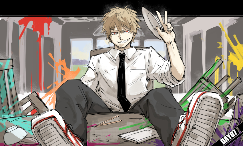 1boy black_necktie black_pants blonde_hair chainsaw_man collared_shirt denji_(chainsaw_man) feet_on_table fine_art_parody grin highres kankan33333 looking_at_viewer male_focus necktie paint_splatter pants parody red_eyes sharp_teeth shirt shoes short_hair smile solo teeth the_last_supper w white_shirt wing_collar