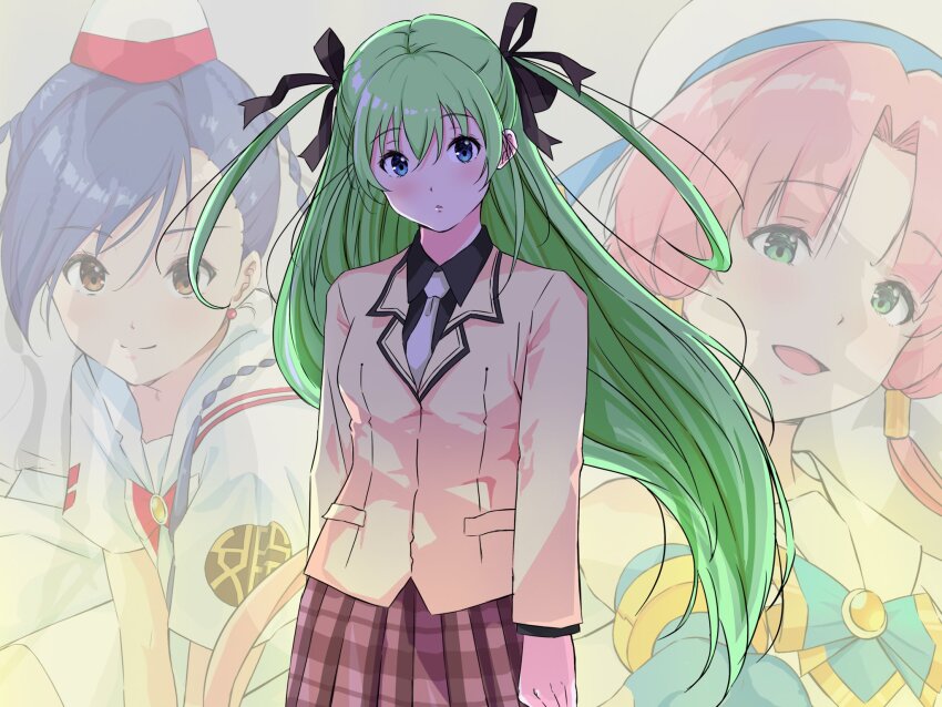 3girls aika_granzchesta alice_carroll andanden aria_(manga) aria_company_uniform asymmetrical_bangs beret black_shirt blue_bow blue_bowtie blue_eyes blue_hair blue_ribbon blush bow bowtie breasts brown_eyes brown_skirt collared_shirt commentary_request cowboy_shot earrings gold_trim green_eyes green_hair hair_between_eyes hair_ornament hair_ribbon hair_tubes hat hat_ribbon highres himeya_company_uniform jacket jewelry long_hair long_sleeves looking_at_viewer mizunashi_akari multiple_girls necktie parted_bangs pink_hair plaid_clothes plaid_skirt pleated_skirt red_bow red_bowtie ribbon sailor_collar school_uniform shirt short_hair_with_long_locks short_sleeves sitting skirt small_breasts twintails two_side_up very_long_hair white_hat white_necktie