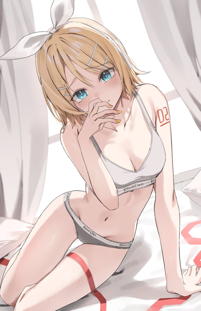 1girl absurdres bed blonde_hair blue_eyes bow brand_name_imitation breasts cleavage commentary grey_sports_bra hair_bow hair_ornament hairclip headphones highres kagamine_rin medium_breasts midriff nail_polish navel number_tattoo on_bed panties parallel_hairclips scarlet_(wv0102) short_hair shoulder_tattoo sitting solo sports_bra sports_panties symbol-only_commentary tattoo underwear vocaloid white_bow