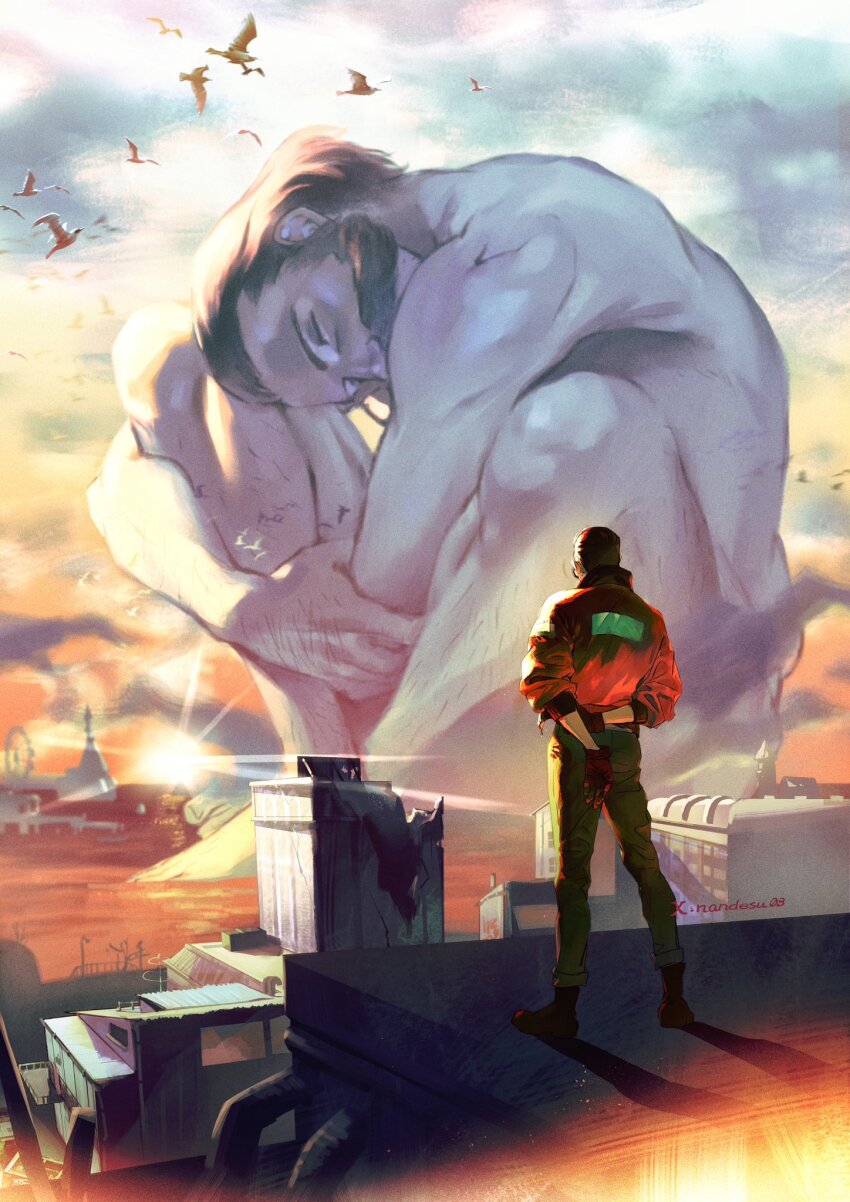 2boys arms_behind_back bird black_gloves brown_hair building closed_eyes cloud cloudy_sky completely_nude disco_elysium facing_away fetal_position giant giant_male gloves green_pants harry_du_bois highres jacket kim_kitsuragi male_focus multiple_boys nandesu03 nude outdoors pants red_jacket redrawn shoes short_hair sitting size_difference sky standing sun twitter_username