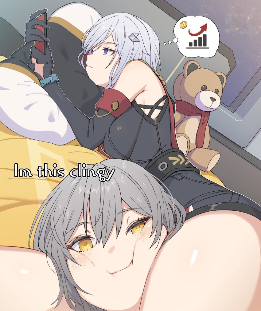 2girls absurdres bar_chart bare_shoulders between_thighs black_gloves blue_eyes cellphone colored_inner_hair commentary dutch_angle english_commentary english_text gloves graph grey_hair hair_between_eyes head_between_thighs highres holding holding_phone honkai:_star_rail honkai_(series) i&#039;m_this_clingy_(meme) looking_at_phone looking_at_viewer meme multicolored_hair multiple_girls on_bed phone pillow red_hair short_hair smartphone stelle_(honkai:_star_rail) streaked_hair stuffed_animal stuffed_toy teddy_bear thick_thighs thighs topaz_(honkai:_star_rail) trailblazer_(honkai:_star_rail) white_hair yellow_eyes yumegiwa_(skgl_thx)