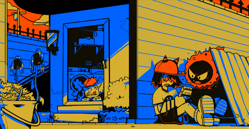 1girl absurdres bucket bush cloud commentary corrugated_galvanized_iron_sheet english_commentary fangs flower game_boy gastly gen_1_pokemon hair_over_one_eye handheld_game_console highres holding holding_handheld_game_console hollybny horned_hat ivysaur laundromat limited_palette nintendo pokemon pokemon_(creature) shirt shoes short_hair shorts sitting sunflower t-shirt utility_pole washing_machine wilted_flower