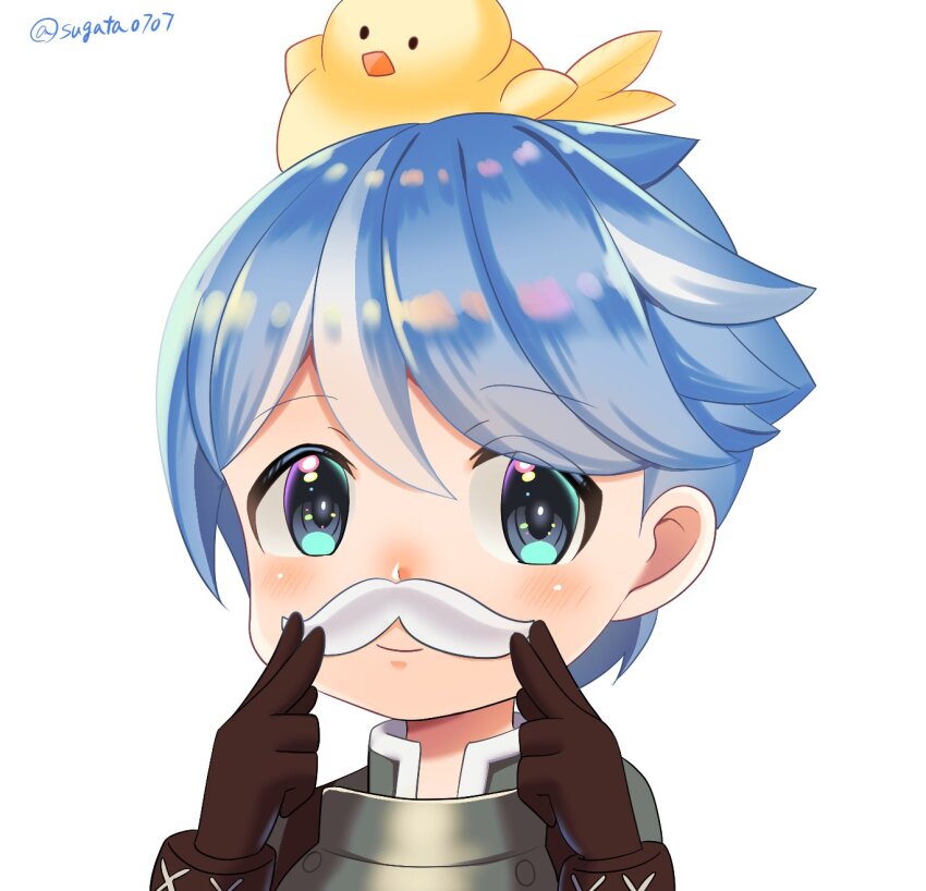 1boy animal animal_on_head armor bird bird_on_head black_gloves blue_eyes blue_hair blush breastplate closed_mouth commentary_request fake_facial_hair fake_mustache gloves grey_shirt highres looking_at_viewer male_focus novice_(ragnarok_online) on_head portrait ragnarok_online ragnarok_origin shirt short_hair simple_background smile solo sugata_ubo upper_body white_background