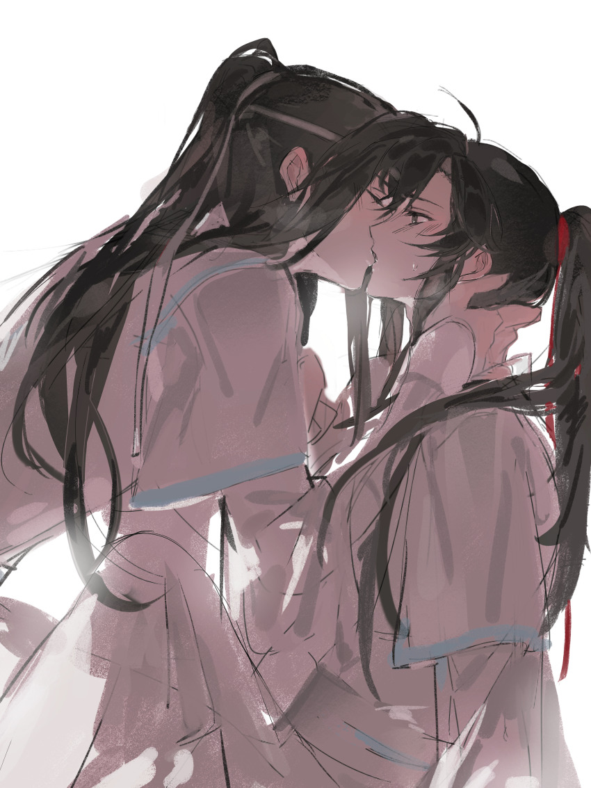 2boys absurdres aged_down ahoge alternate_costume black_hair blush chinese_clothes chinese_commentary closed_eyes french_kiss from_side grey_eyes hair_ribbon hand_on_another&#039;s_neck hanfu headband highres kiss knees_up lan_wangji long_hair long_sleeves looking_at_another male_focus modao_zushi multiple_boys ponytail profile red_ribbon ribbon robe shenzhang10011 sidelocks simple_background sitting sketch sweatdrop wei_wuxian white_background white_hanfu white_headband white_ribbon wide_sleeves yaoi
