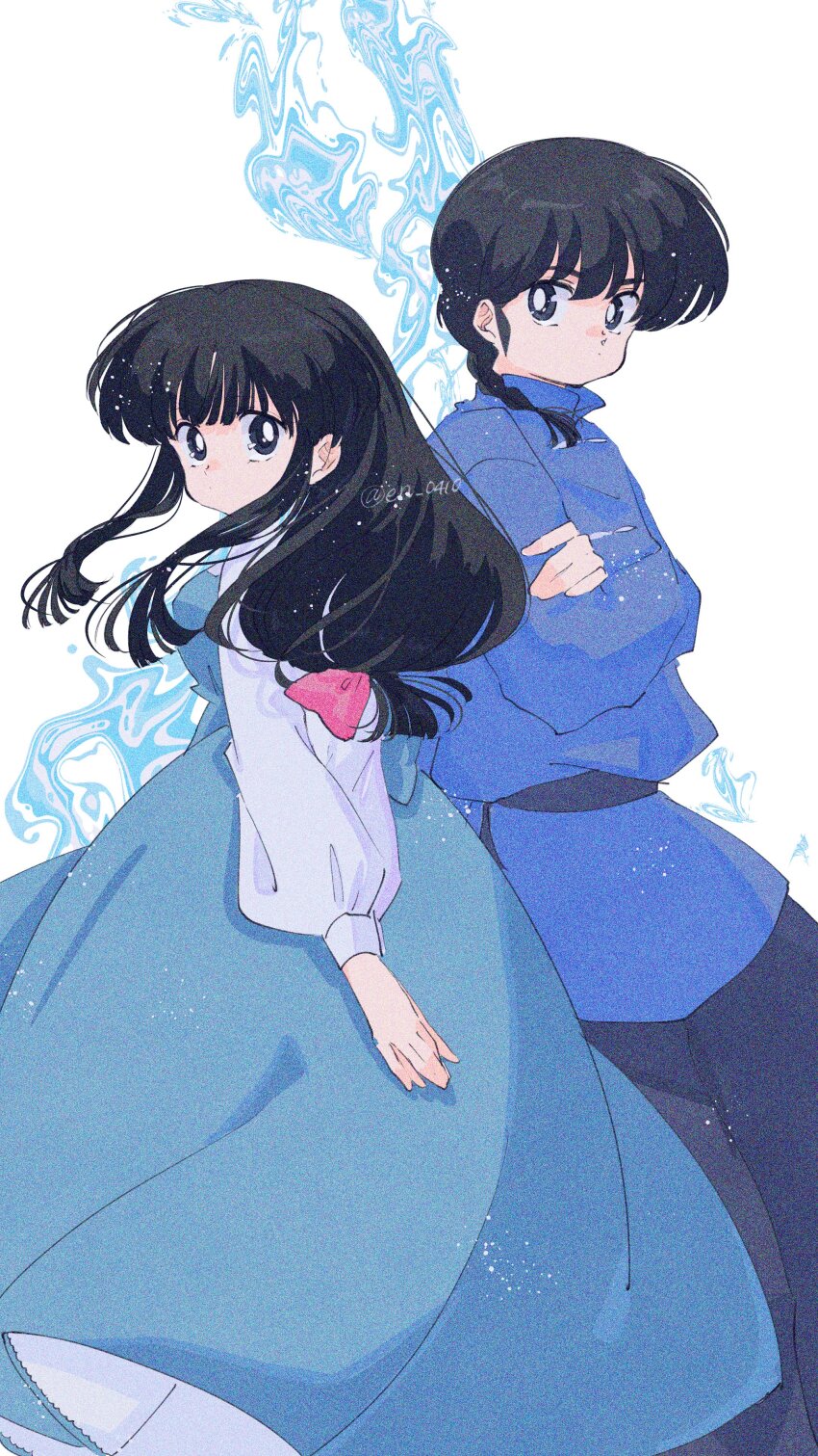 1boy 1girl absurdres artist_name black_hair black_pants blue_dress bow braid braided_ponytail chinese_clothes crossed_arms dress en_0410 hair_bow highres long_hair long_sleeves pants pink_bow ranma_1/2 saotome_ranma simple_background single_braid tendou_akane twitter_username