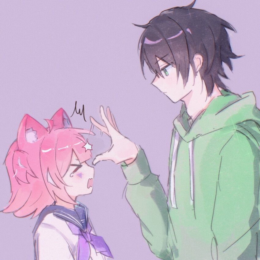 &gt;_&lt; 1boy 1girl animal_ears black_hair blue_sailor_collar bow bowtie camila_(vtuber) cat_ears cat_girl closed_mouth facial_mark flick forehead_flick from_side green_eyes green_hoodie hair_between_eyes hand_up highres hood hoodie indie_virtual_youtuber long_sleeves medium_hair open_mouth pink_hair pinkpink939 purple_background purple_bow purple_bowtie sailor_collar school_uniform serafuku short_hair triangle triangle_facial_mark upper_body vedal987 virtual_youtuber white_serafuku