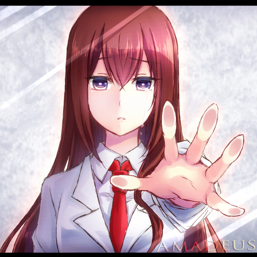 1girl blue_eyes brown_hair character_name collared_shirt crying crying_with_eyes_open hair_between_eyes highres lab_coat letterboxed long_hair looking_at_viewer makise_kurisu necktie nishijou_myu reaching reaching_towards_viewer red_necktie shirt solo steins;gate straight_hair tears very_long_hair white_shirt wing_collar