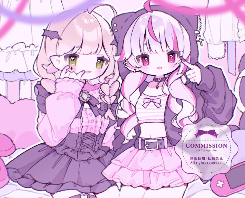 2girls :3 :p ahoge artist_name belt black_belt black_jacket black_nails black_skirt blonde_hair blunt_bangs blush closed_mouth commentary commission cowboy_shot crop_top green_eyes grey_hair hair_ornament highres hood hood_up jacket long_hair long_sleeves midriff multicolored_hair multiple_girls nail_polish navel open_clothes open_jacket open_mouth original pink_eyes pink_hair pink_shirt pink_skirt shirt skirt streaked_hair symbol-only_commentary tongue tongue_out upache watermark wing_hair_ornament