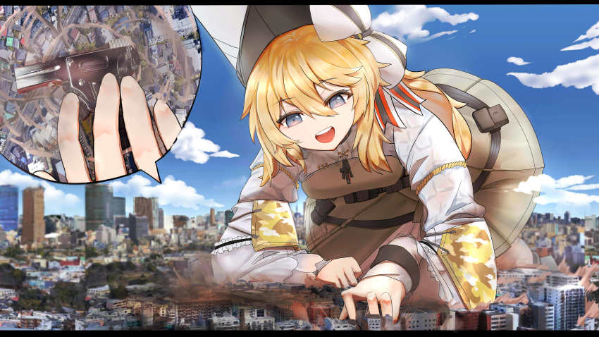1girl absurdres building commission giant giantess girls&#039;_frontline gun highres kolibri_(girls&#039;_frontline) nz solo twitter weapon