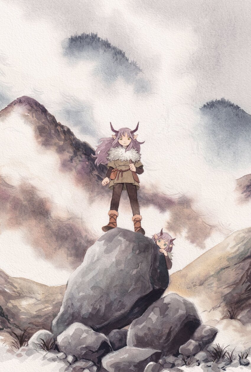 2girls belt belt_pouch boots brown_belt brown_pants brown_shirt demon_girl demon_horns fog fur_trim grass green_eyes grey_sky heikala hiding highres holding holding_knife horns knife layered_sleeves long_hair long_sleeves looking_down mountain mountainous_horizon multiple_girls muted_color nature open_mouth original outdoors painting_(medium) pants pointy_ears pouch purple_hair rock shirt short_over_long_sleeves short_sleeves sky standing_on_rock traditional_media watercolor_(medium) wide-eyed wide_shot yellow_eyes