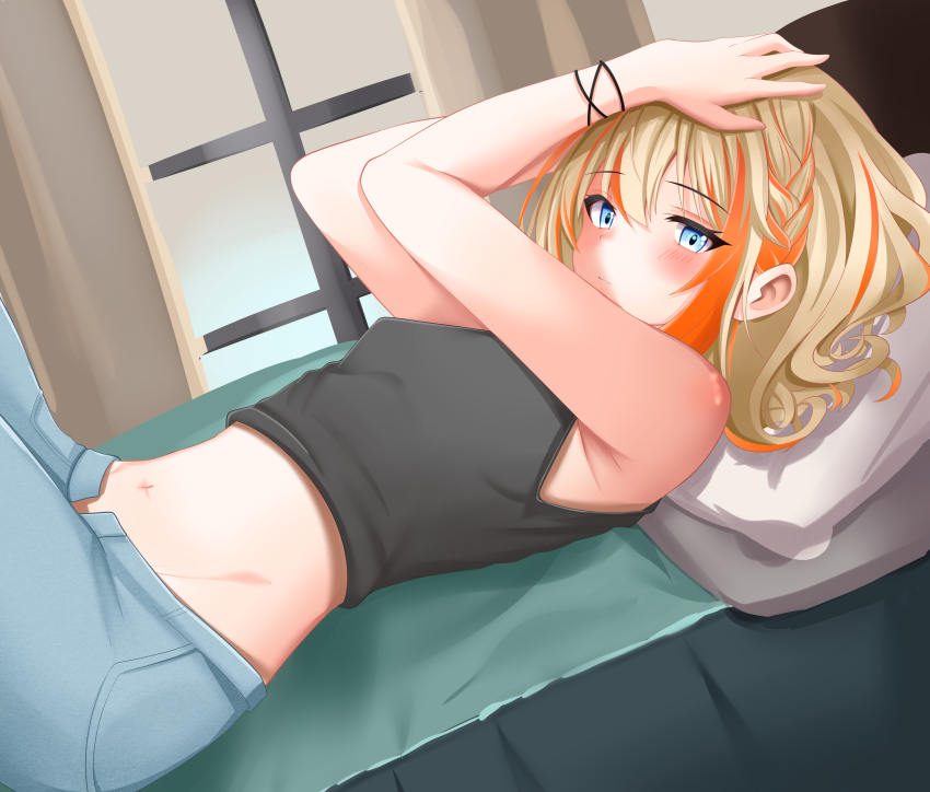 1girl absurdres akai_watame bed black_shirt blue_eyes blush breasts closed_mouth commentary_request cowboy_shot expressionless grey_pants hands_on_own_head highres light_brown_hair looking_at_viewer lying midriff multicolored_hair nanashi_inc. navel on_back open_fly orange_hair pants pillow shirt short_hair sleeveless sleeveless_shirt small_breasts solo touri_sei touri_sei_(2nd_costume) two-tone_hair virtual_youtuber window