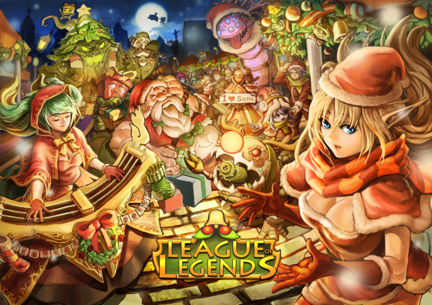 &gt;_&lt; 6+boys 6+girls :&lt; absurdres alternate_costume amumu aqua_hair baron_nashor bell blonde_hair blue_eyes breasts bristle brother_and_sister caitlyn_(league_of_legends) christmas cleavage closed_eyes copyright_name elbow_gloves elise_(league_of_legends) evelynn_(league_of_legends) evelynn_(old) fiora_(league_of_legends) full_moon garen_(league_of_legends) gift gloves gradient_hair gragas hat heart heart-shaped_eyes hecarim heimerdinger highres hood instrument janna_(league_of_legends) karma_(league_of_legends) karthus katarina_(league_of_legends) kog&#039;maw lantern league_of_legends logo long_hair lulu_(league_of_legends) lux_(league_of_legends) maokai moon multicolored_hair multicolored_legwear multiple_boys multiple_girls open_mouth oz_(gerbera7) panties pantyshot pointy_ears purple_eyes purple_hair red_eyes ribbon santa_costume santa_gragas santa_hat scarf sejuani shen_(league_of_legends) short_hair siblings sign silent_night_sona slay_belle_katarina sleigh sona_(league_of_legends) star_(symbol) striped_legwear swain_(league_of_legends) symbol-shaped_pupils talon_(league_of_legends) tears teemo teeth thighhighs tongue tree underwear veigar vi_(league_of_legends) wreath