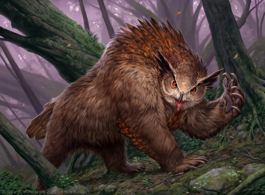 animal_focus artist_name beak bird_tail caraidart claws company_name dungeons_&amp;_dragons feathers forest full_body looking_at_viewer magic:_the_gathering monster moss nature no_humans official_art open_mouth orange_eyes outdoors owlbear pawpads plant_roots realistic rock solo tail tree