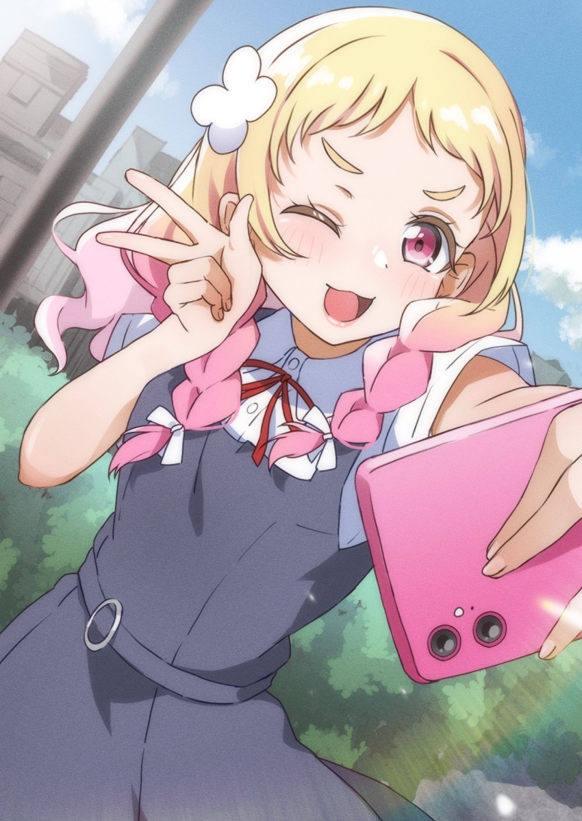 1girl ;d blonde_hair blue_sky blush braid breasts building cellphone cloud collared_shirt cowboy_shot day dress dress_shirt dutch_angle flower gradient_hair grass grey_dress hair_flower hair_ornament hands_up highres holding holding_phone iinuma_yuuki long_hair love_live! love_live!_superstar!! multicolored_hair neck_ribbon one_eye_closed onitsuka_natsumi open_mouth outdoors outstretched_arm phone pinafore_dress pink_eyes pink_hair red_ribbon ribbon school_uniform selfie shirt short_dress short_sleeves sky sleeveless sleeveless_dress smartphone smile solo summer_uniform twin_braids v-shaped_eyebrows w white_shirt yuigaoka_school_uniform