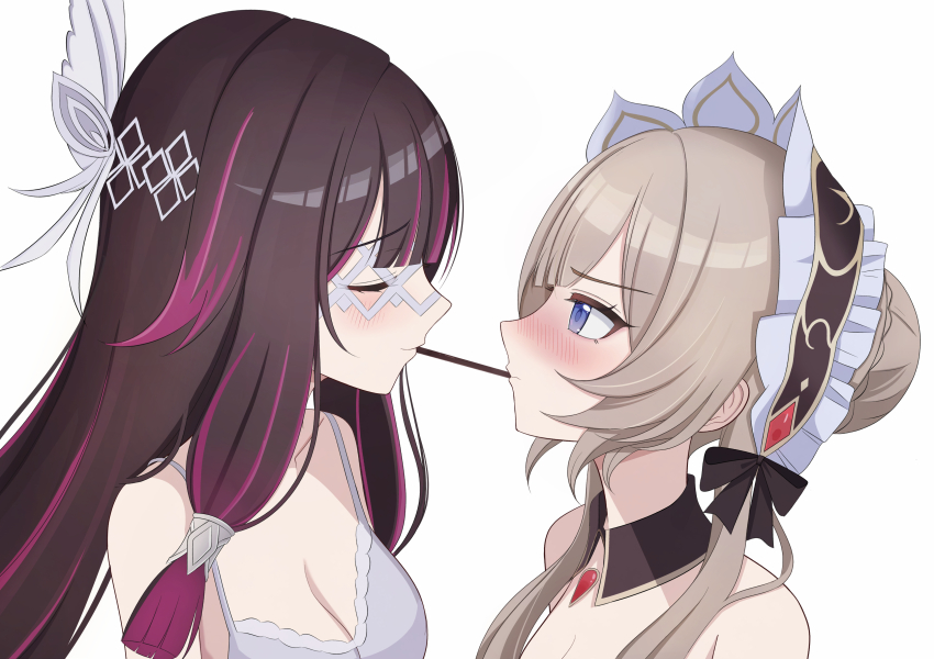 2girls absurdres bare_shoulders black_bow black_collar black_hair blue_eyes blush bow bra braid breasts brown_hair bun_with_braided_base cleavage closed_eyes closed_mouth collar columbina_(genshin_impact) commentary_request detached_collar eye_mask facing_another food gem genshin_impact hair_ornament headdress highres lilack_gg long_hair looking_at_another mask medium_breasts multicolored_hair multiple_girls pink_hair pocky pocky_day pocky_kiss red_gemstone sandrone_(genshin_impact) shared_food simple_background two-tone_hair underwear white_background wing_hair_ornament yuri
