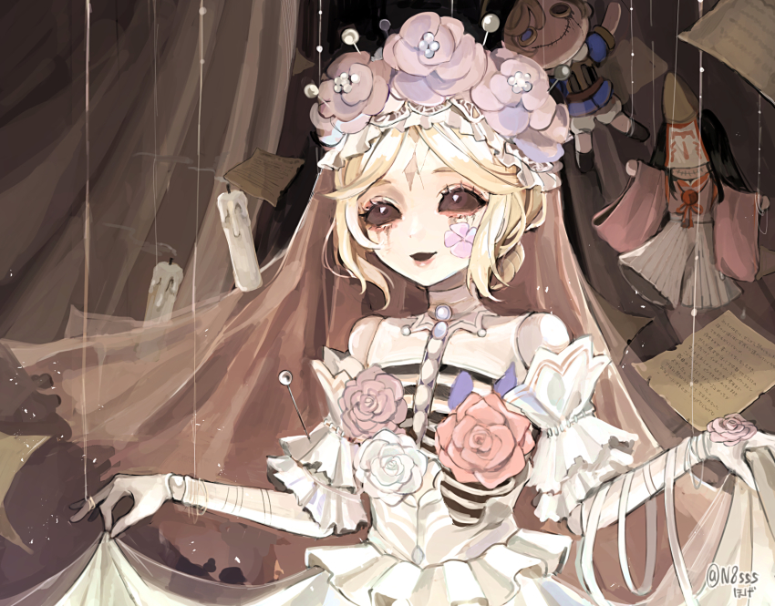 1girl artist_name bare_shoulders black_eyes blonde_hair candle character_doll clothes_pull cracked_skin curtains detached_sleeves doll doll_joints dress dress_pull eyeshadow facial_mark flower galatea_(&quot;succubus&quot;)_(identity_v) galatea_(identity_v) hair_bun highres hoge_(n8sss) identity_v joints makeup michiko_(identity_v) michiko_(rainmaker)_(identity_v) needle open_mouth paper pink_flower red_eyeshadow ribs runny_makeup sewing_needle smoke solo stitched_mouth stitches string torn_clothes torn_veil twitter_username veil victor_grantz victor_grantz_(&quot;the_prince&quot;) white_dress white_flower