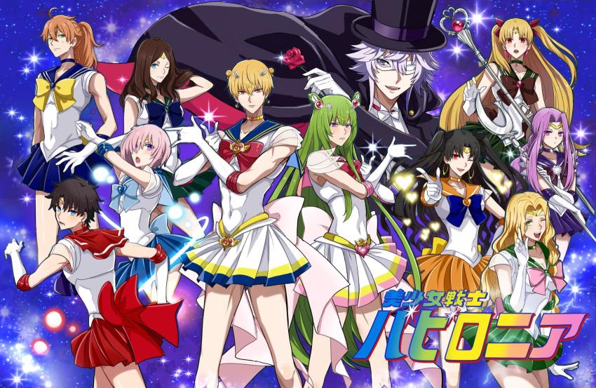 1other 4boys 6+girls abs androgynous bishoujo_senshi_sailor_moon bishoujo_senshi_sailor_moon_supers black_hair black_ribbon blonde_hair blue_eyes blue_sailor_collar blue_skirt blush braid breasts brooch brown_hair cape choker closed_mouth commentary cone_hair_bun cosplay covered_navel crossdressing elbow_gloves enkidu_(fate) ereshkigal_(fate) fate/grand_order fate_(series) flower from_behind fujimaru_ritsuka_(male) gilgamesh gilgamesh_(caster)_(fate) gilgamesh_(fate) gloves green_eyes green_hair green_skirt hair_bun hair_ornament hair_ribbon hat heart heart_brooch heart_choker highres holding holding_flower holding_staff index_finger_raised ishtar_(fate) jewelry large_breasts leonardo_da_vinci_(fate) leotard logo_parody long_hair looking_at_viewer magical_girl mash_kyrielight mask medusa_(fate) medusa_(lancer)_(fate) medusa_(rider)_(fate) merlin_(fate) miniskirt multiple_boys multiple_girls napo_(naporittan) one_eye_closed open_mouth orange_hair orange_skirt parody pleated_skirt pointing ponytail purple_eyes purple_hair quetzalcoatl_(fate) red_eyes red_ribbon red_skirt ribbon rider romani_archaman rose sailor_collar sailor_moon sailor_moon_(cosplay) sailor_senshi_uniform see-through_clothes short_hair skirt smile staff star_(symbol) star_symbol_background sweatdrop thighs top_hat tuxedo tuxedo_kamen tuxedo_kamen_(cosplay) two_side_up wavy_hair white_gloves