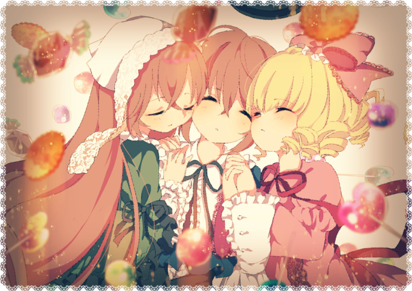 3girls blonde_hair brown_hair closed_eyes dress green_dress hinaichigo holding_hands long_hair lushuao medium_hair multiple_girls pink_dress rozen_maiden siblings side-by-side sisters souseiseki suiseiseki