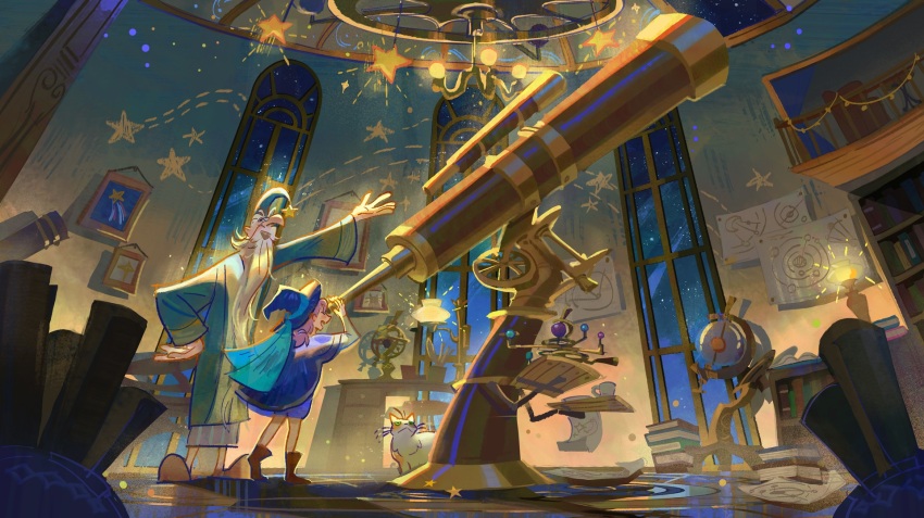 arm_up beard book bookshelf boots candle cat facial_hair hand_on_own_hip hat highres indoors interior jenishiiarts long_beard long_sleeves map original paper picture_frame pink_hair robe scenery shorts slippers smile star_(symbol) telescope very_long_beard window witch witch_hat