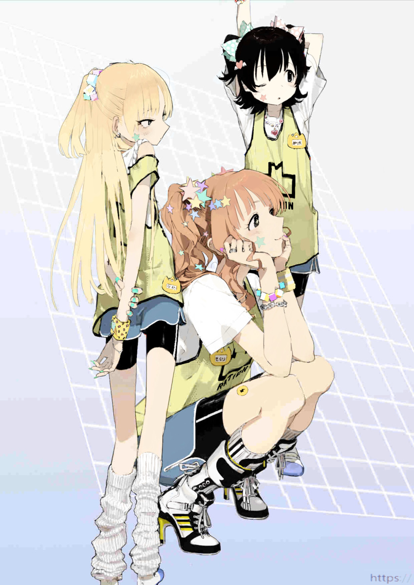 3girls :3 akagi_miria arm_support arms_behind_back arms_behind_head bad_id bad_twitter_id bike_shorts black_hair black_shorts blonde_hair blue_nails bow brown_eyes brown_hair dolphin_shorts facial_mark full_body gradient_background grid_background hageshii_nakano hair_bow hair_ornament hand_on_own_wrist hands_on_own_cheeks hands_on_own_face head_rest high_heel_sneakers highres idolmaster idolmaster_cinderella_girls inactive_account jewelry jougasaki_rika leg_warmers long_hair looking_ahead moroboshi_kirari multiple_girls nail_polish name_tag necklace one_eye_closed profile ring shirt shoes short_hair shorts sleeveless sleeveless_shirt smile sportswear squatting standing star_(symbol) star_facial_mark star_hair_ornament two_side_up wristband yellow_shirt