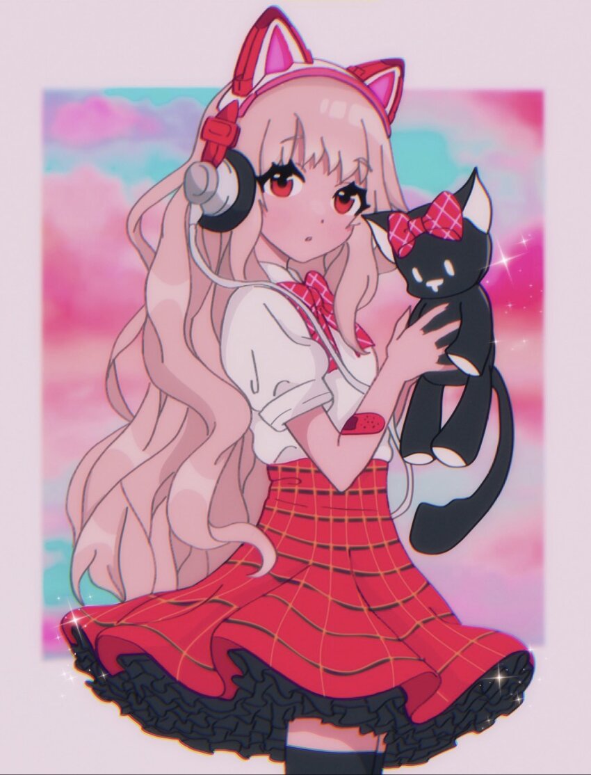 1girl animal_ear_headphones animal_ears bandaid bandaid_on_arm bow cat_ear_headphones fake_animal_ears female_focus grey_hair headphones highres holding holding_stuffed_toy joshuathefruit long_hair looking_at_viewer matsunae_tsugumi nyantan plaid_bow red_bow red_eyes school_uniform shin_subarashiki_kono_sekai shirt solo stuffed_animal stuffed_cat stuffed_toy subarashiki_kono_sekai two-tone_skirt white_shirt