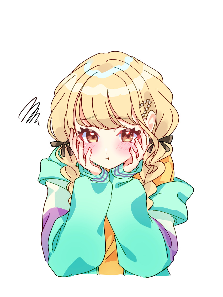 1girl :t absurdres black_ribbon blonde_hair blush braid commentary cropped_torso fujita_kotone gakuen_idolmaster hair_ribbon hands_on_own_cheeks hands_on_own_face highres idolmaster jacket kanipoposu long_hair long_sleeves looking_at_viewer multicolored_jacket ribbon shirt simple_background solo squiggle symbol-only_commentary twin_braids upper_body white_background yellow_eyes yellow_shirt