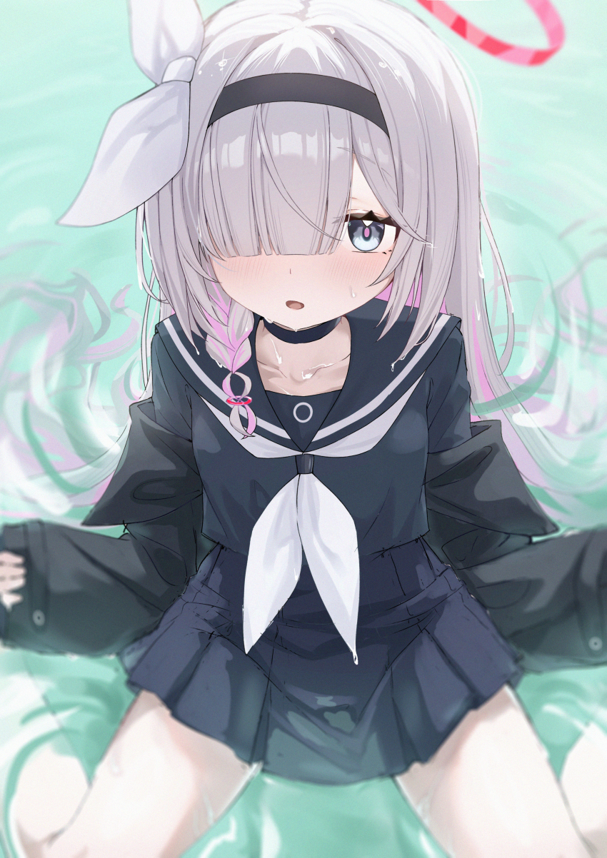 1girl absurdres black_hairband black_jacket black_serafuku black_shirt black_skirt blue_archive blush braid collarbone colored_inner_hair commentary grey_eyes grey_hair hair_over_one_eye hairband halo highres jacket long_hair looking_at_viewer multicolored_hair neckerchief number-only_commentary parted_lips partially_submerged pink_hair pink_pupils plana_(blue_archive) pleated_skirt red_halo school_uniform serafuku shirt sitting skirt solo very_long_hair wariza water wendao wet white_neckerchief
