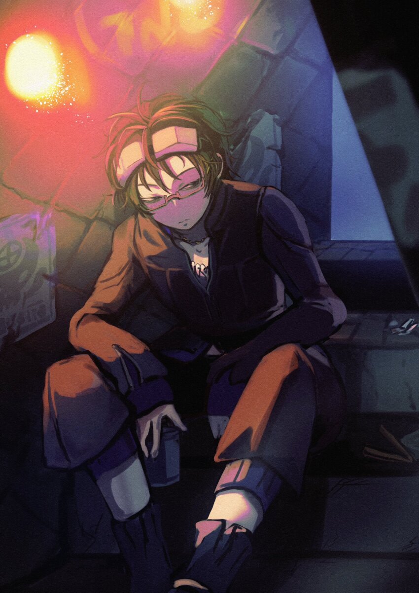 1boy black_hair glasses gnosia goggles green_hair highres jacket jewelry koyuuuuuuuuuuu long_sleeves looking_at_viewer male_focus navel necklace sha-ming shirt short_hair smile solo
