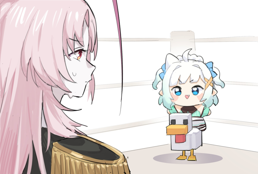 2girls :d a_minecraft_movie ahoge aqua_hair blue_bow blue_eyes blunt_bangs blush_stickers bow boxing_ring chibi chicken_(minecraft) chicken_jockey commentary english_commentary epaulettes fang gradient_hair hair_bow hair_ornament highres indie_virtual_youtuber long_hair maid_headdress maplesights matara_kan minecraft mint_fantome multicolored_hair multiple_girls nervous_sweating open_mouth parody pink_hair pointy_ears red_eyes riding scene_reference smile sweat two_side_up v-shaped_eyebrows virtual_youtuber vshojo white_hair x_hair_ornament