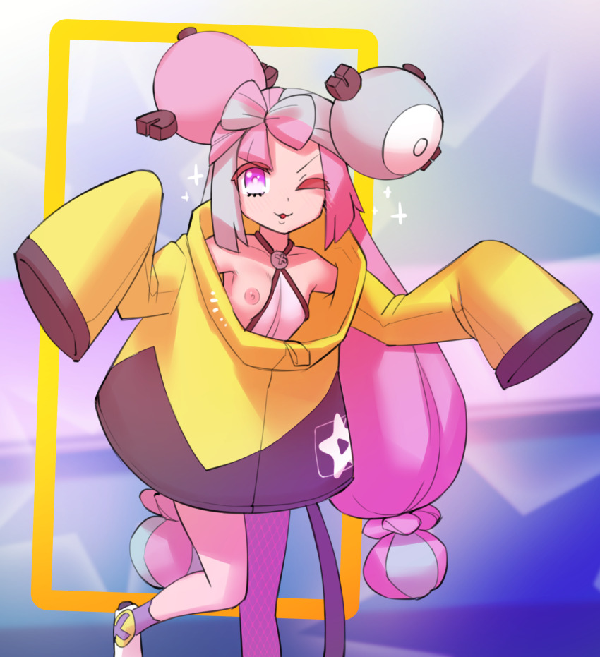 absurdres borvar bow-shaped_hair breasts character_hair_ornament creatures_(company) game_freak grey_pantyhose hair_ornament highres iono_(pokemon) jacket nintendo nipples oversized_clothes pantyhose pokemon pokemon_sv single_leg_pantyhose sleeves_past_fingers sleeves_past_wrists small_breasts very_long_sleeves x yellow_jacket