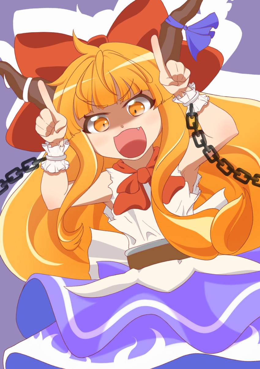 1girl belt bow bowtie brown_belt brown_horns commentary_request cowboy_shot fang hair_bow highres horn_bow horn_ornament horns horns_pose ibuki_suika kurohiba long_hair looking_at_viewer open_mouth orange_eyes orange_hair purple_bow purple_skirt red_bow red_bowtie shaded_face shirt skirt sleeveless sleeveless_shirt solo touhou v-shaped_eyebrows very_long_hair white_shirt