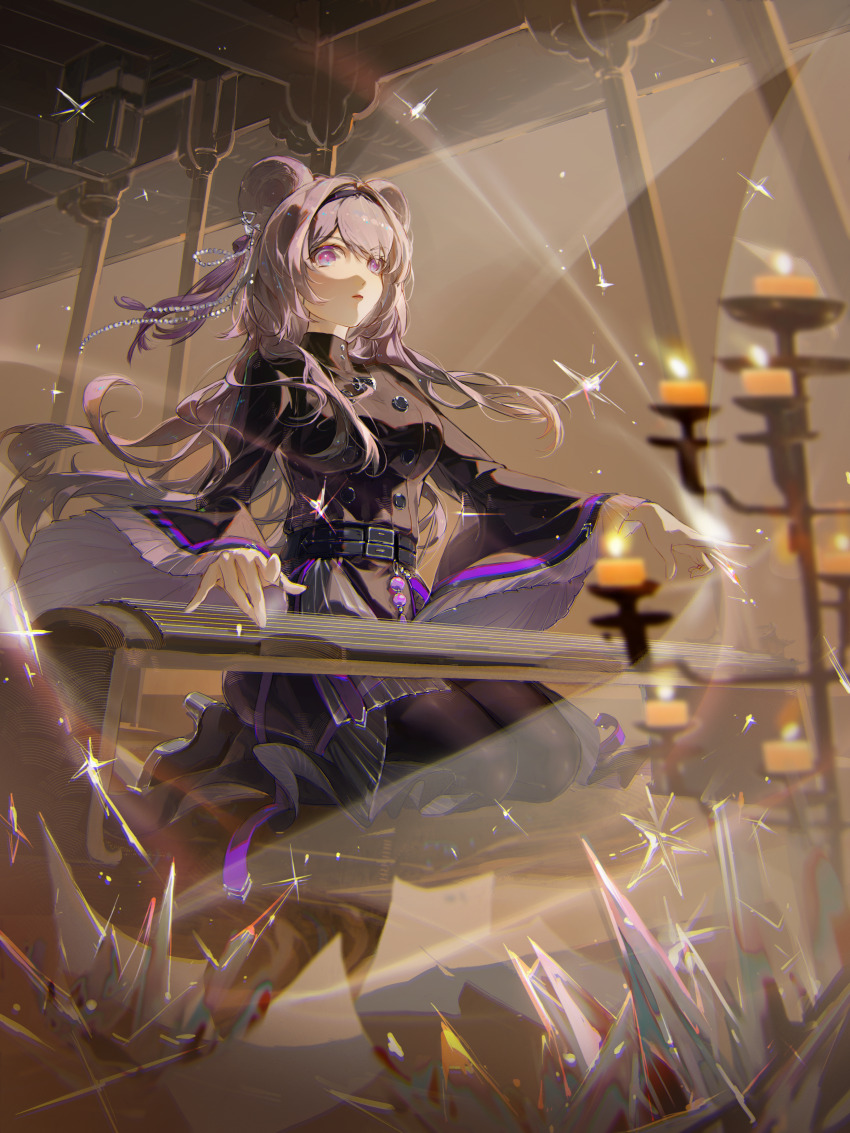 1girl absurdres animal_ears architecture arknights belt black_belt black_boots black_dress black_hairband black_pantyhose boots candle candlestand crystal dress earrings east_asian_architecture full_body guzheng hair_between_eyes hair_intakes hair_ribbon hairband highres instrument jewelry lin_(arknights) long_hair mouse_ears mouse_girl multiple_belts music necklace pantyhose parted_lips pillar pink_hair playing_instrument purple_eyes qiang45042 ribbon ribbon_earrings seiza sidelocks sitting solo