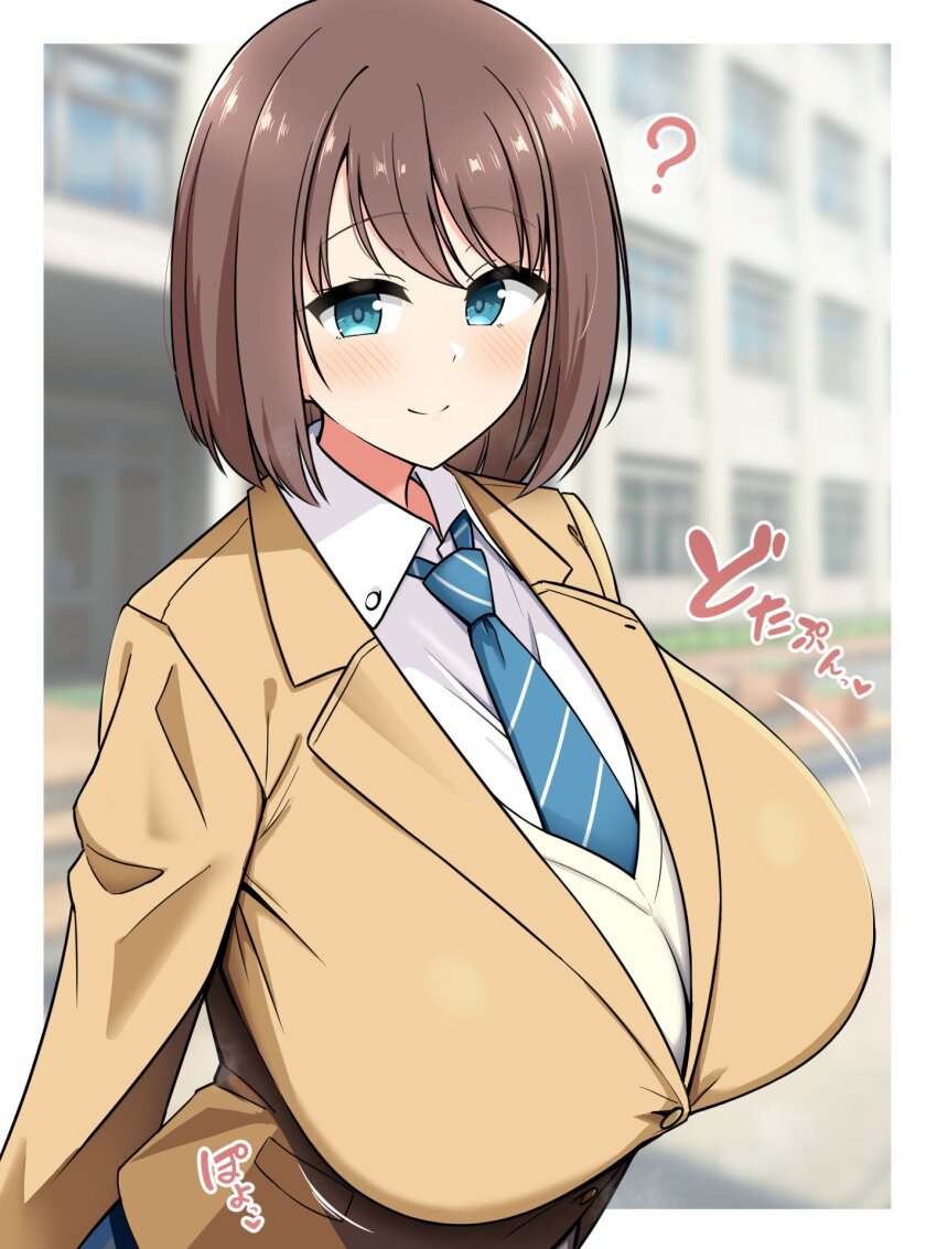 1girl ? blazer blue_necktie blurry blurry_background bob_cut breasts brown_hair collared_shirt highres jacket large_breasts light_smile looking_at_viewer medium_hair necktie road saki_(manga) shirt solo street tomato_rice unozawa_shiori upper_body white_shirt yellow_jacket