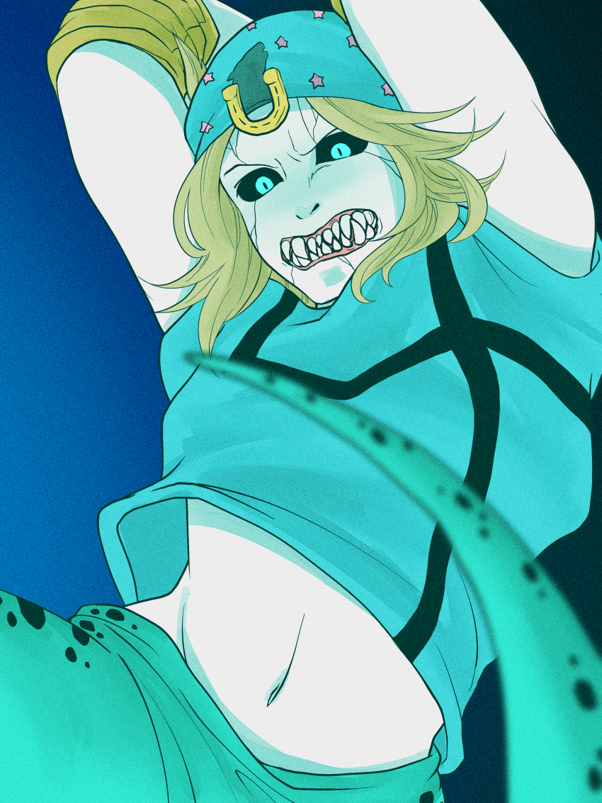 1boy absurdres armband arms_up beanie black_sclera blonde_hair blue_eyes blue_hat blue_hoodie blue_pants colored_sclera commentary commentary_request cracked_skin dinosaur_tail hat highres hood hood_down hoodie horseshoe_hat_ornament horseshoe_ornament johnny_joestar jojo_no_kimyou_na_bouken m_a_a_m_8 medium_hair monster_boy navel pants scary_monsters_(stand) sleeveless sleeveless_hoodie stand_(jojo) star_(symbol) star_print steel_ball_run tail transformation yellow_armband