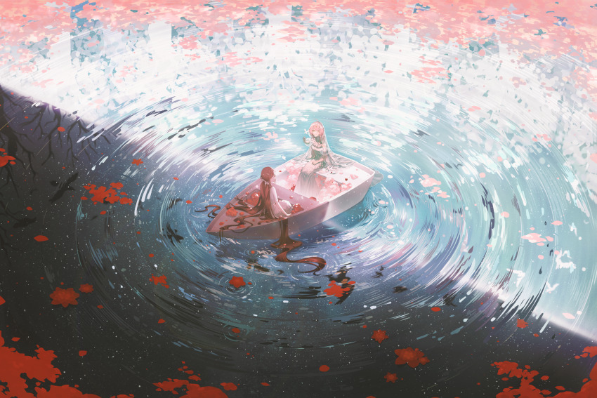 2girls absurdly_long_hair absurdres ahoge boat chinese_commentary commentary_request contrast dinned dress flower hair_flowing_over highres lake long_hair multiple_girls on_boat original outdoors pink_flower pink_hair red_eyes red_flower red_hair ripples see-through_clothes see-through_veil sitting split_theme twintails unpaid_commission veil very_long_hair watercraft white_dress wide_shot yellow_eyes