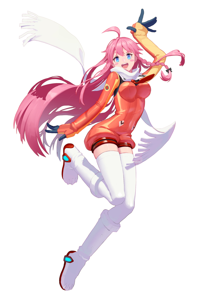 1girl :d ahoge blue_eyes braid breasts elbow_gloves full_body gloves highres huacai long_hair long_sleeves medium_breasts nono_(top_wo_nerae_2!) open_mouth pink_hair scarf smile solo thighhighs top_wo_nerae!_(series) top_wo_nerae_2! white_background white_footwear white_scarf white_thighhighs