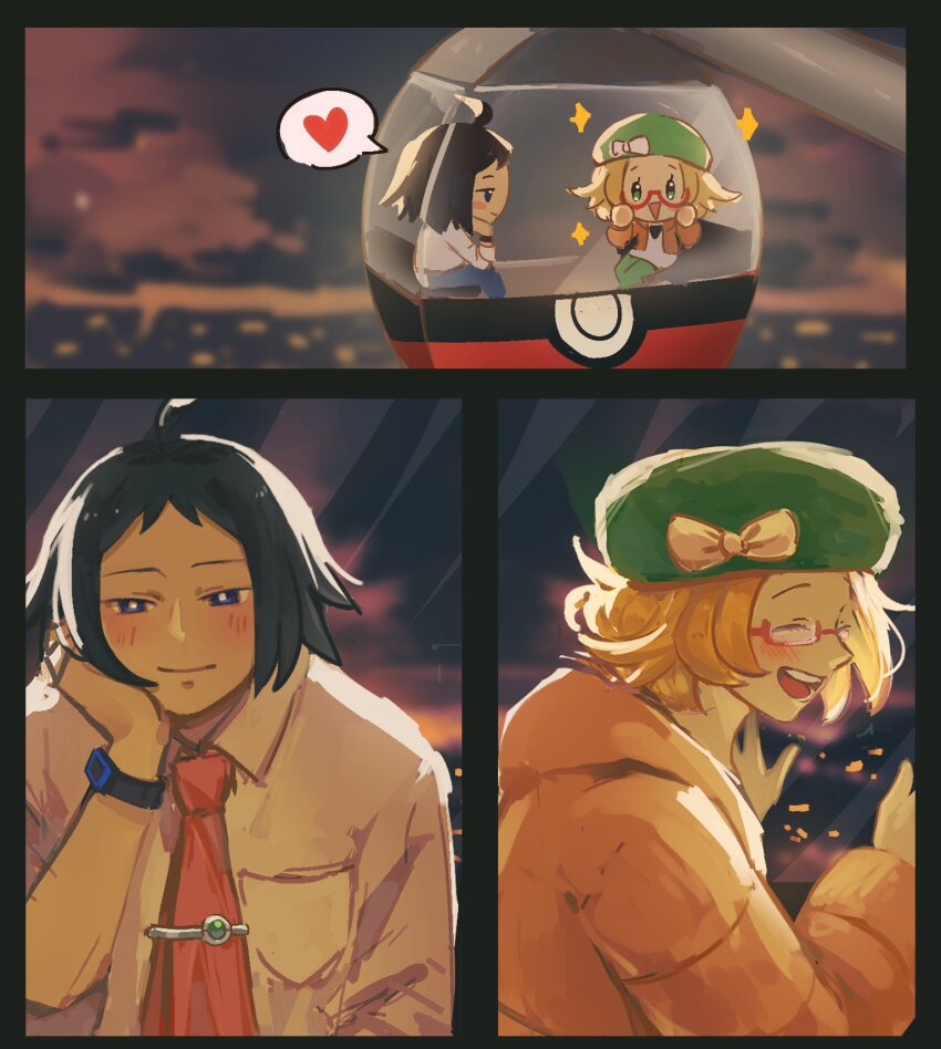 1boy 1girl :d ahoge bianca_(pokemon) black_hair blue_eyes blush border bow breast_pocket bright_pupils cheren_(pokemon) closed_mouth cloud collared_shirt commentary ferris_wheel glasses green_hat green_pants hands_up hat hat_bow head_rest heart highres jacket miiyokoe necktie night nintendo open_mouth orange_jacket pants pocket pokemon pokemon_bw2 red-framed_eyewear semi-rimless_eyewear shirt short_hair sitting sky smile sparkle spoken_heart teeth tie_clip tongue white_bow white_pupils white_shirt