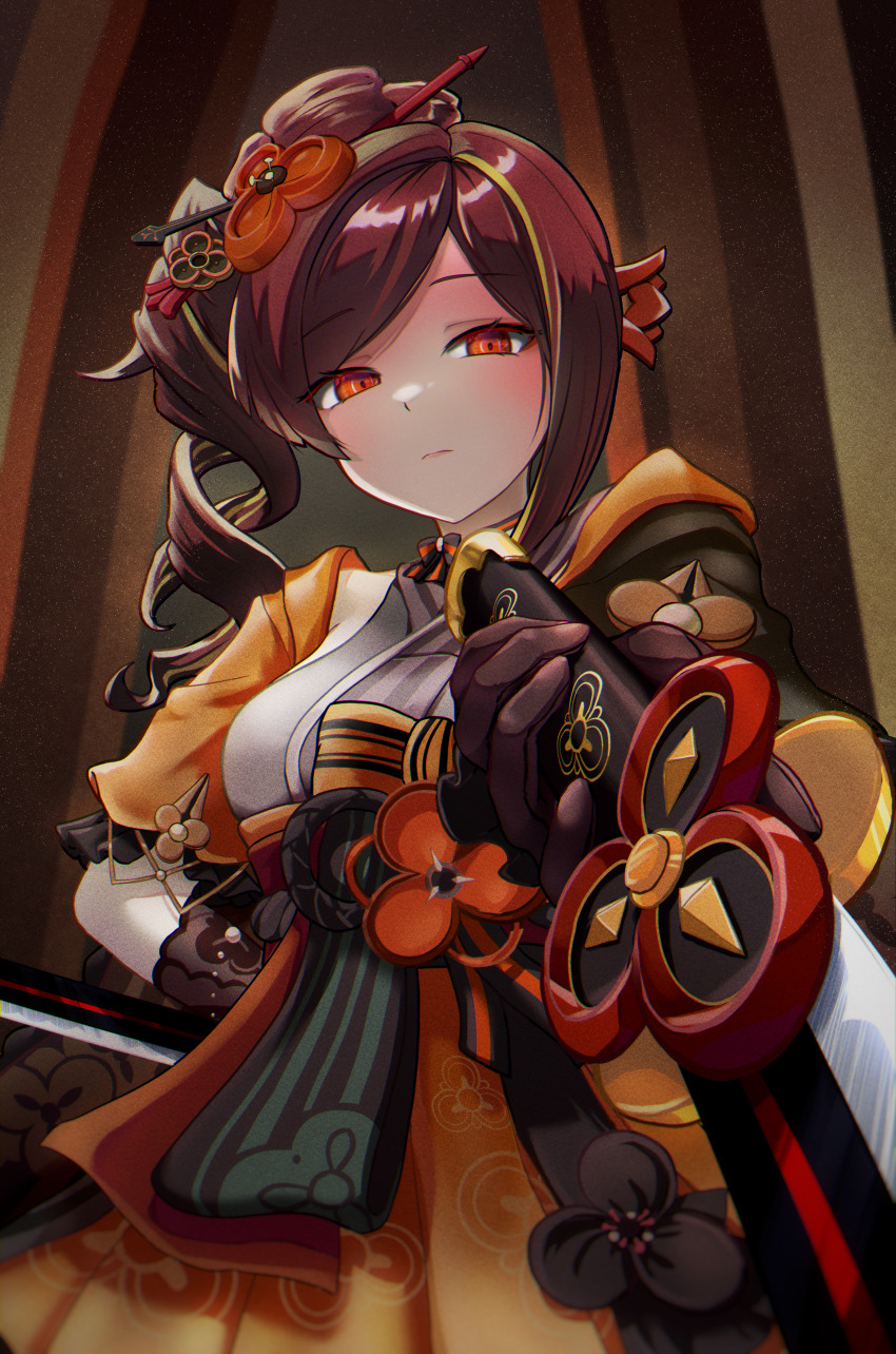 1girl absurdres armor brown_gloves brown_hair chiori_(genshin_impact) closed_mouth disgust genshin_impact gloves hair_ornament heonu highres holding holding_sword holding_weapon japanese_clothes katana looking_at_viewer red_eyes solo sword weapon