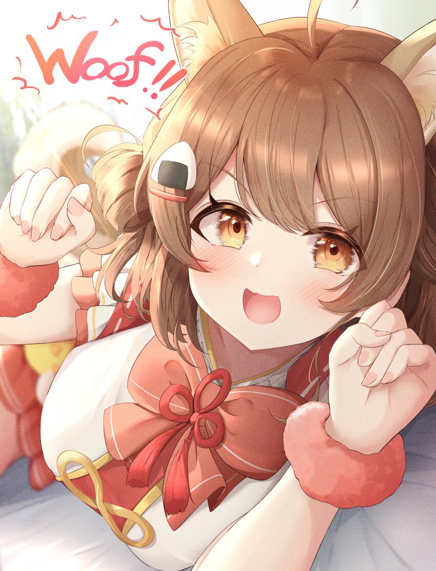 1girl :o absurdres ahoge animal_ears blush bracelet breasts brown_hair fingernails food-themed_hair_ornament fur_bracelet gakuen_idolmaster hair_ornament hanami_ume highres idolmaster jewelry kemonomimi_mode large_breasts looking_at_viewer lying on_side paw_pose pleated_skirt red_skirt skirt sky_cappuccino solo