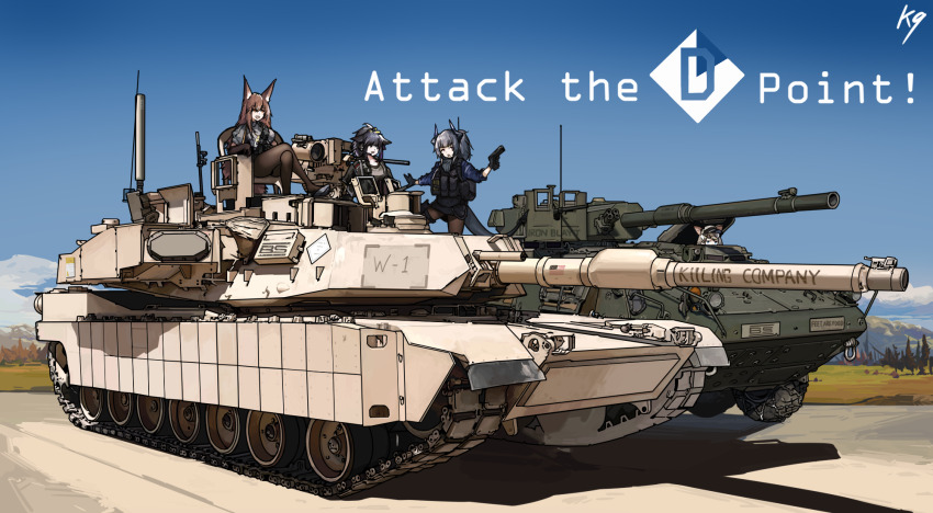 4girls almond_(arknights) arknights attack_the_d_point_(meme) blue_sky brown_hair cannon chair crossed_legs franka_(arknights) grey_hair gun handgun highres is-8_shi_zhong_zhan_che jessica_(arknights) liskarm_(arknights) load_bearing_vest m1128_mobile_gun_system m1_abrams meme military_vehicle motor_vehicle multiple_girls on_chair reactive_armor sitting sky stryker_(afv) tank war_thunder weapon