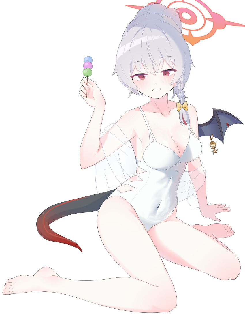 1girl :d absurdres bare_legs bare_shoulders barefoot blue_archive blush bow braid breasts casual_one-piece_swimsuit chinese_commentary cleavage collarbone commentary_request covered_navel dango demon_girl demon_tail demon_wings food full_body grey_hair grin hair_between_eyes hair_bow hair_bun halo hand_up happy haruna_(blue_archive) haruna_(swimsuit)_(blue_archive) highleg highleg_one-piece_swimsuit highres holding holding_food lcz looking_at_viewer medium_breasts medium_hair official_alternate_costume official_alternate_hairstyle one-piece_swimsuit open_mouth piercing red_eyes red_halo sanshoku_dango see-through_clothes see-through_shawl shadow shawl simple_background single_braid single_hair_bun single_wing sitting smile solo swimsuit tail thighs toes tsurime wagashi wariza white_background white_one-piece_swimsuit white_shawl wing_piercing wings yellow_bow