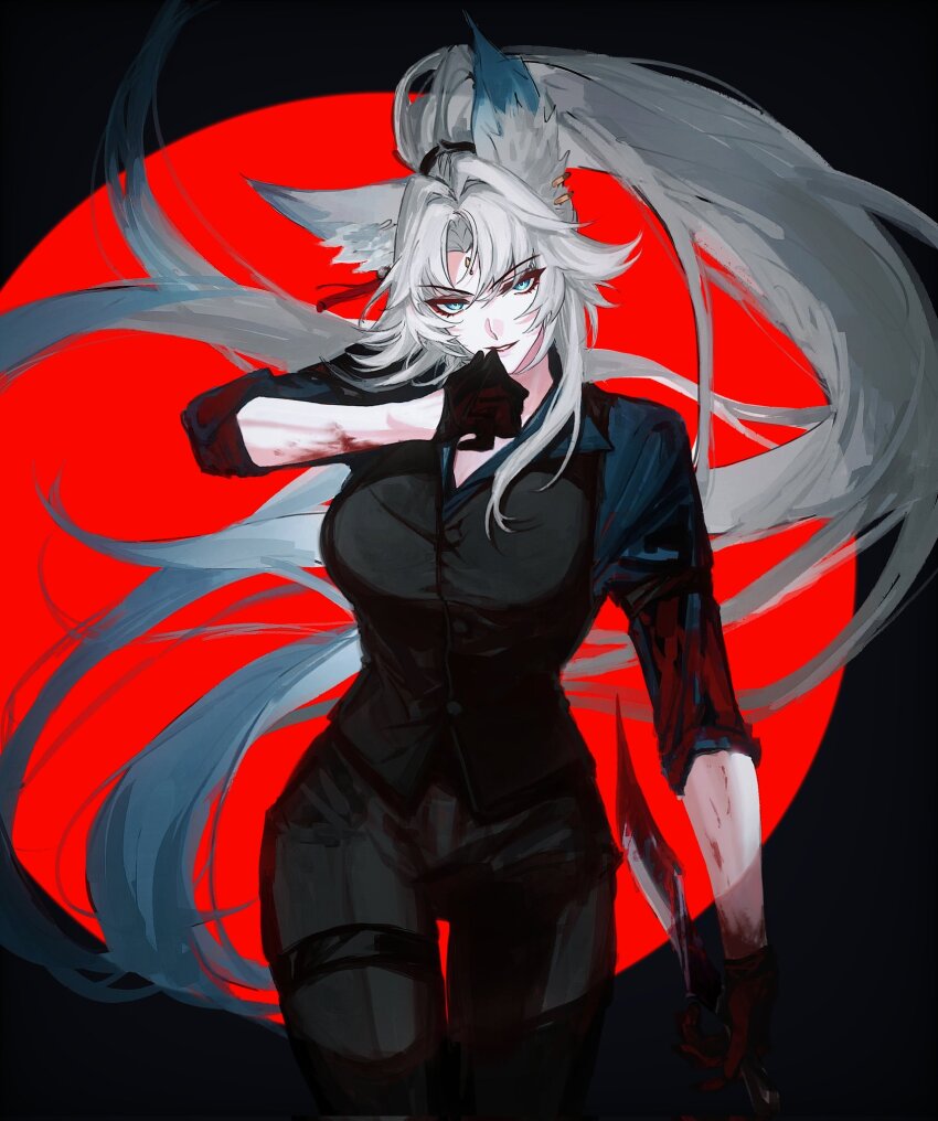 1girl animal_ear_fluff animal_ears aqua_eyes black_gloves black_pants black_shirt breasts commentary feixiao_(honkai:_star_rail) forehead_jewel fox_ears fox_girl gloves grey_hair highres holding holding_sword holding_weapon honkai:_star_rail honkai_(series) large_breasts long_hair pants shirt solo sword symbol-only_commentary very_long_hair weapon yziyiling