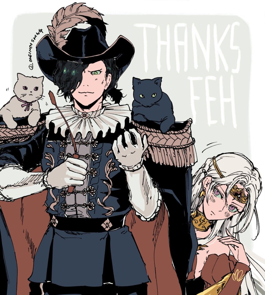 1boy 1girl alternate_costume animal animal_on_shoulder anniversary belt black_belt black_cat black_hair black_hat cat cat_teaser circlet closed_mouth copyright_name edelgard_von_hresvelg edelgard_von_hresvelg_(adorned_eagle) epaulettes feathers fire_emblem fire_emblem:_three_houses fire_emblem_heroes gloves green_eyes hair_over_one_eye hat hat_feather highres holding_cat_teaser hubert_von_vestra hubert_von_vestra_(crimson_schemer) jacket long_hair looking_at_viewer military_jacket military_uniform neck_ruff nintendo official_alternate_costume purple_eyes ribbon short_hair simple_background twitter_username umi_(_oneinchswing) white_gloves white_hair